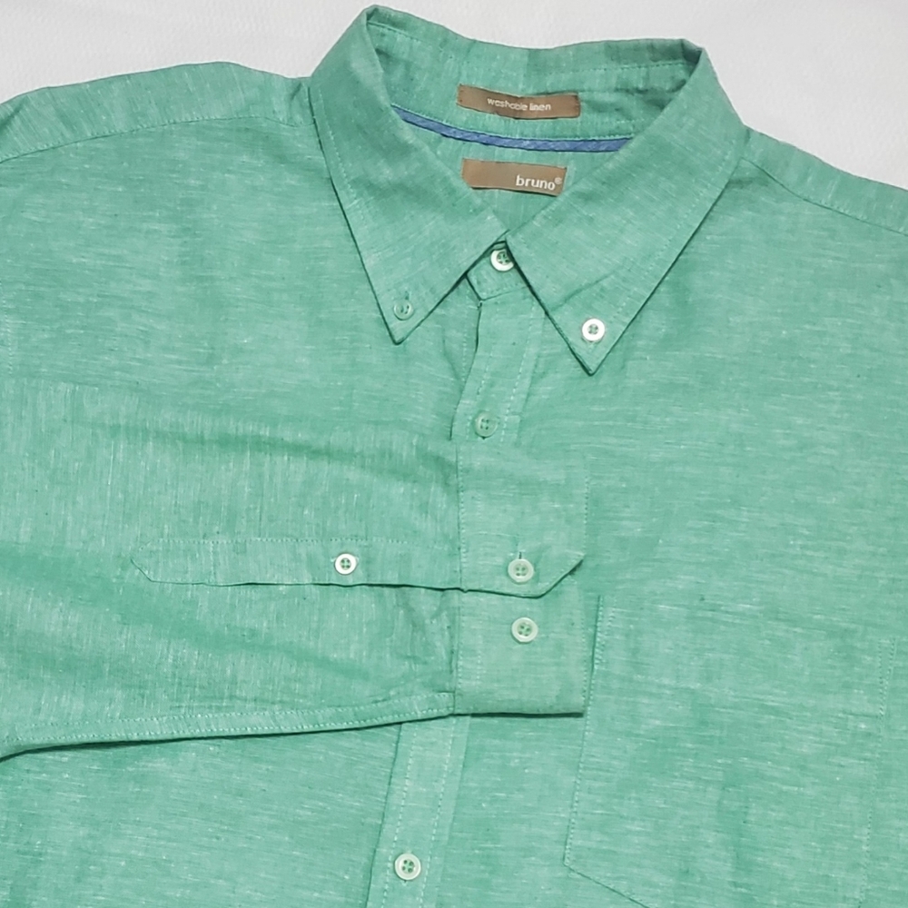Bruno Washable Linen Long Sleeve Button Down Shirt Green Mens Large
